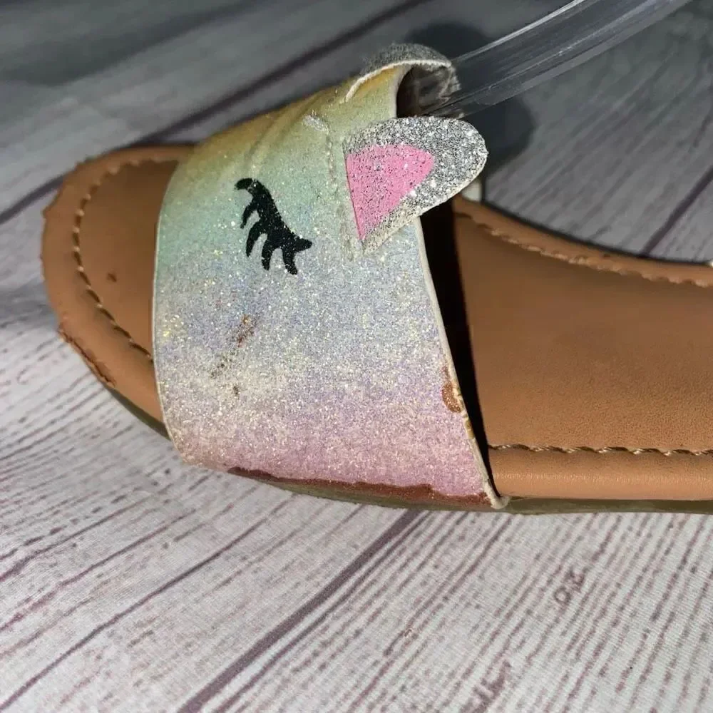 Fab kids girls 13 slip on glitter sandals w/ankle strap closure rainbow/tan